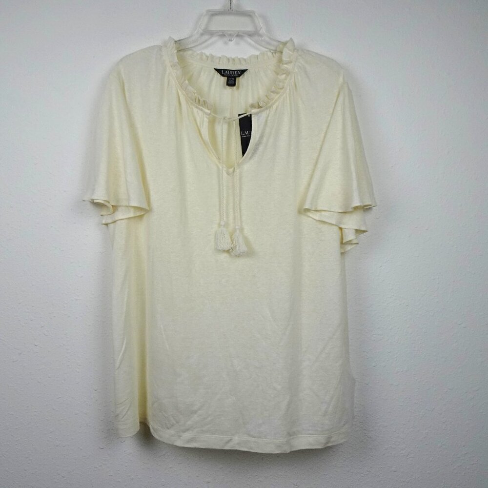 Ralph Lauren Flutter Sleeve Top Women's Plus Size 1X Ivory Linen Blend Ruffled